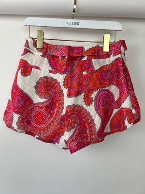 Zimmermann Pink Paisley Print High-Waist Linen Shorts With Braided Beige Belt Buckle Size 1 (UK 10)