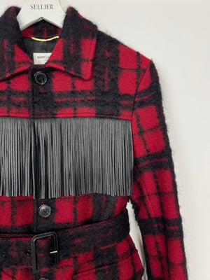 Saint Laurent Red 
Black Lumberjack Jacket with Leather Fringe and Belt Details Size FR 38 (UK 10)