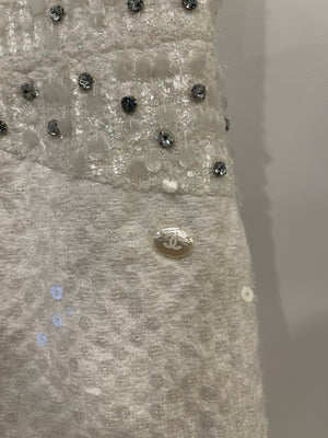 Chanel Pearl White Sleeveless Sequin and Crystal Embellished Mini Dress with Pearl CC Logo Detail Size FR 36 (UK 8)