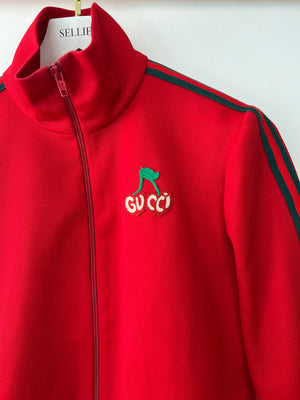 Gucci Red 
Navy Blue Tracksuit with Side Stripe Trim and Cherry Embroidered Logo Detail Size XS (UK 6)