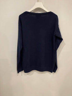 Chanel Navy Cashmere Long-Sleeve Jumper with White CC Logo Embroidery Size FR 38 (UK 10)