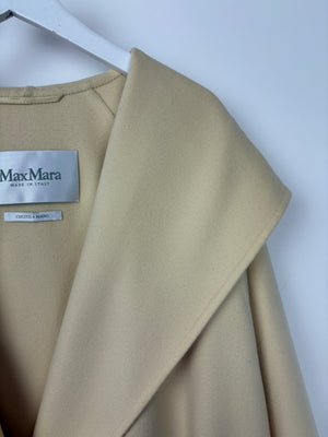 Max Mara Pale Yellow Hooded Wool Coat With Drawstring Waist Detail Size IT 42 (UK 10)