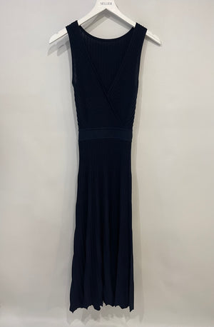 Loro Piana Navy Silk Sleeveless Elastic Pleated Midi Dress Size XS (UK 6)