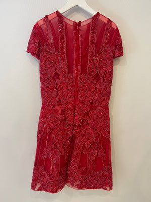 Zuhair Murad Red Sequin Embellished Short-Sleeve Mini Dress Size IT 44 (UK 12)