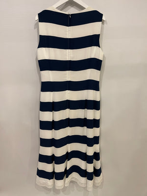 Dolce 
Gabbana Navy and White Striped Midi Dress with Sequin Details and Lace Trim Size IT 44 (UK 12)