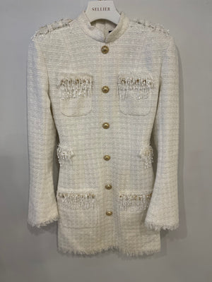 Balmain White Tweed Mini Dress with Gold Buttons and Sequin Embellishments Size FR 34 (UK 6)