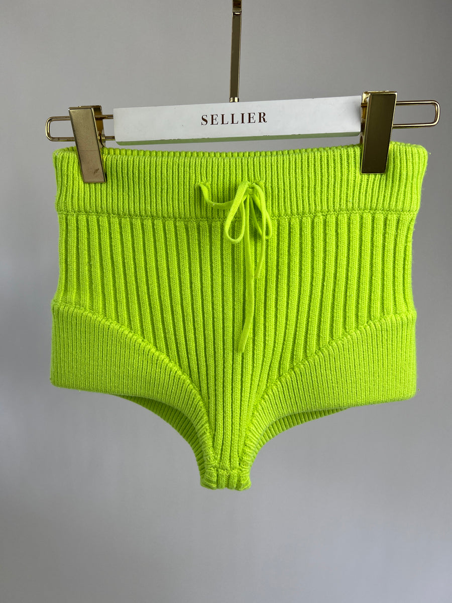 David Koma Lime Green Ribbed Knit Shorts FR 34 (UK 6)