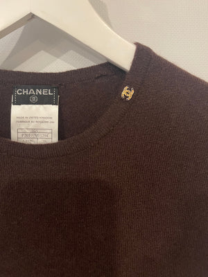 Chanel 02/A Chocolate Brown Cashmere Sleeveless Top with CC Logo Detail FR 38 (UK 10)