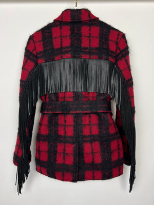 Saint Laurent Red 
Black Lumberjack Jacket with Leather Fringe and Belt Details Size FR 38 (UK 10)