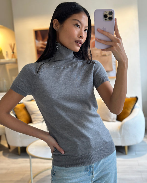 Celine Grey Short Sleeve Fine Knit Top With Zip Detail Size S (UK 8)