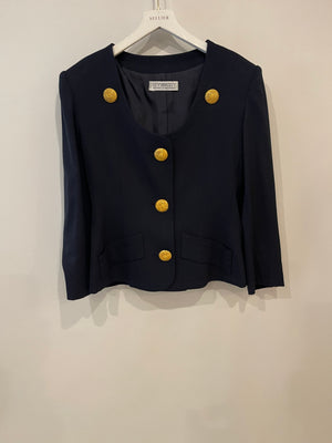 Givenchy Vintage Navy Jacket and Skirt Set with Gold Textured Buttons Size FR 38 (UK 10)