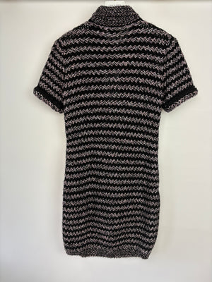 Chanel Black, Pink 
Metallic Silver Wool Knit Short Sleeve Mini Dress Silver Zip Up Detail Size FR 40 (UK 12)