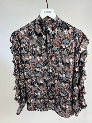 Valentino Grey Silk Butterfly Print Shirt with Neck Tie Detail IT 42 (UK 10)