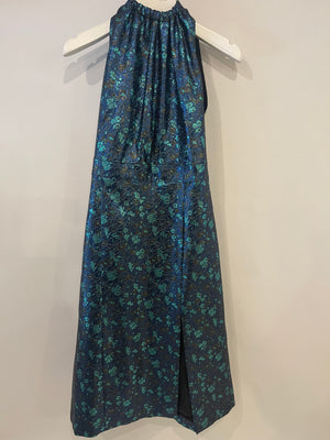 Prada Blue 
Green Metallic Sleeveless Midi Dress with Floral Prints Size IT 40 (UK 8)