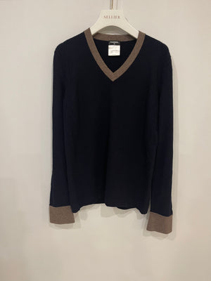 Chanel Navy Cashmere Jumper with Metallic Brown Details and CC Logo Buttons Size FR 40 (UK 12)