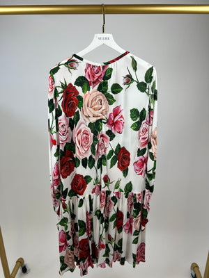 Dolce 
Gabbana White Rose Print Long-Sleeved Swing Dress Size IT 46 (UK 14)