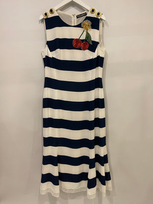 Dolce 
Gabbana Navy and White Striped Midi Dress with Sequin Details and Lace Trim Size IT 44 (UK 12)