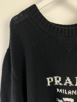 Prada Black Knitted Long Sleeve Oversized Jumper with Logo Detail IT 50 (UK 18)