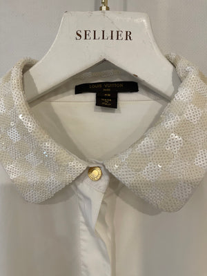 Louis Vuitton White Long-Sleeve Shirt with Sequin Damier Collar Size FR 42 (UK 14)