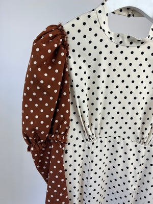 Rejina Pyo Cream, Brown Polka Dot Long-Sleeve Midi Dress Size UK 10