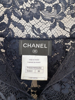 Chanel Navy Lace Long Sleeve Shirt with Ruthenium Buttons Detail Size FR 36 (UK 8)