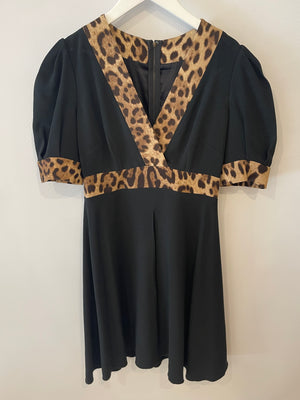 Dolce 
Gabbana Black and Leopard Short-Sleeve Mini Dress Size IT 42 (UK 10)