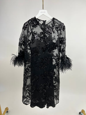 Erdem Black Silk Embellished Mini Dress with Cropped Sleeves and Feather Cuff Detail IT 40 (UK 8)