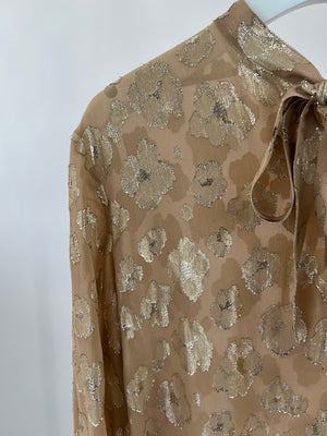 Saint Laurent Beige, Metallic Gold Floral Print Blouse with Tie Neck Size FR 40 (UK 12)