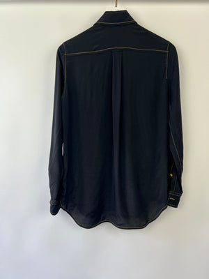 Burberry Black Satin Shirt with Gold Chain Embellishment on the Chest Pockets and Yellow Buttons Size UK 4