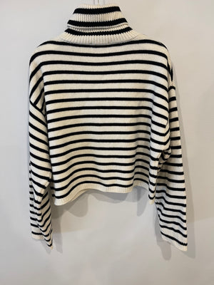 Soft Goat White and Black Striped Knit High Neck Wool Jumper Size S (UK 8)