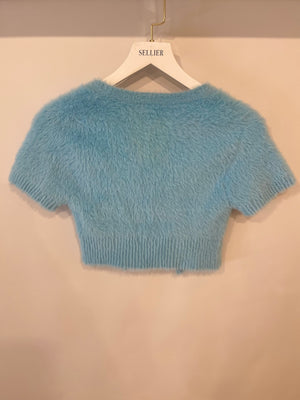 Jacquemus Blue La Maille Neve Cropped Brushed Cardigan with Gold Logo Size FR 38 (UK 10)