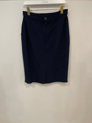 Chanel 08A Navy Tweed Jacket and Midi Skirt Set with Silver CC Logo Details Size FR 42 (UK 14)