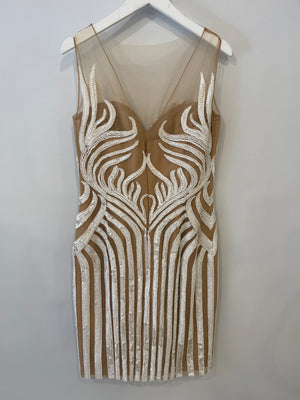 Zuhair Murad White and Beige Sequin Striped Tulle Sleeveless Mini Dress Size IT 42 (UK 10)