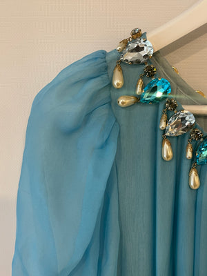 Dolce 
Gabbana Light Blue Silk Mini Dress with Crystal and Pearl Pendants Size IT 42 (UK 10)