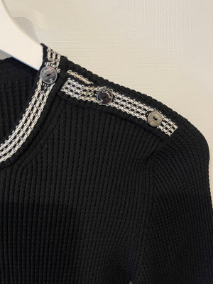 Chanel 22C Dubai Black 
White Belted Knit Dress with Button Detail Size FR 36 (UK 8)