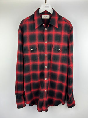 Celine Red and Black Flannel Button Down Long Sleeve Shirt Size 37 (UK 8)