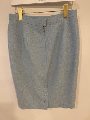 Chanel 96C Baby Blue Tweed Midi Skirt with CC Logo Button Details Size FR 44 (UK 16)