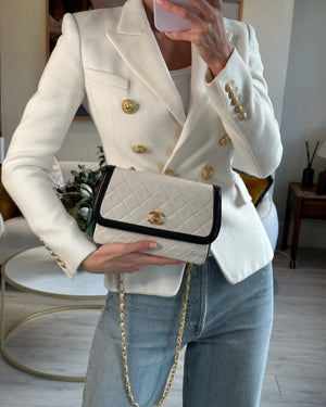 Chanel Vintage White, Black Trim Matelasse Cross-Body Bag in Lambskin Leather with 24K Gold Hardware