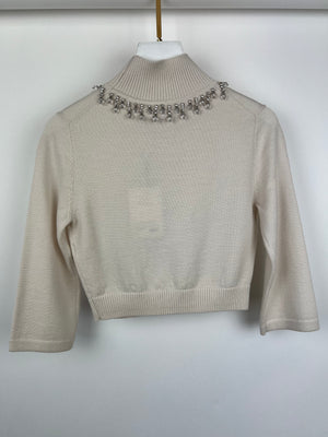 Zimmermann Cream Cropped Knit High Neck Jumper with Crystal Neck Line Embellishment Detail Size OP/XS (UK 6/8) RRP £550