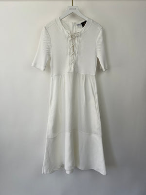 Loewe X Paula
s Ibiza White Mid-Sleeve Ribbed Midi Dress with Pockets and Neck Tie Detail FR 38 (UK 10)