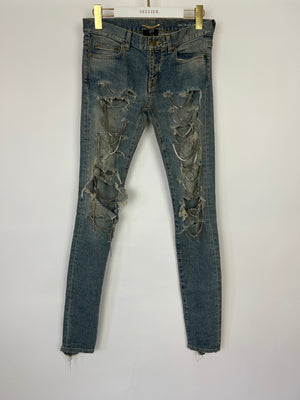 Saint Laurent Distressed Skinny Jeans With Silver Chain Detail Size 27