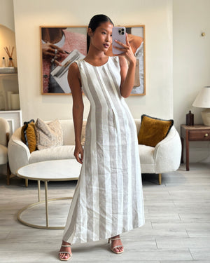 Loro Piana White Grey Stripe Linen Sleeveless Maxi Dress Size FR 42 ( UK 14)