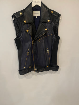 Pierre Balmain Navy and Black Sleeveless Leather Jacket with Gold Button Details Size FR 40 (UK 12)