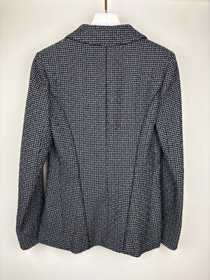 Chanel Black 
Grey Metallic Tweed Curved Hem Jacket with Ruthenium CC Button Detail FR 36 (UK 8)