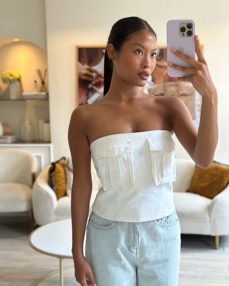 Prada White Cotton Front Pockets Bustier Top Size IT 42 (UK 8)