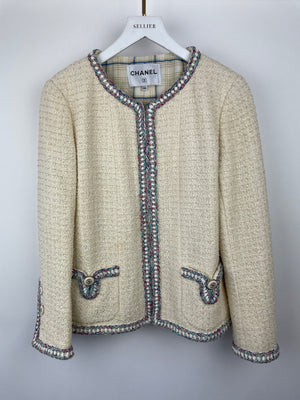 Chanel Cream Tweed Jacket With Blue 
Red Metallic Woven Trim and Silver CC Button Detail Size FR 40 (UK 12)