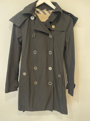 Burberry Black Trench Coat with Belt and Silver Logo Button Details Size UK 4