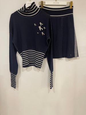 *HOT* Chanel Airline Collection Navy Cashmere Jumper and Mini Skirt Set with Silver Logo Airplane Appliqués Size FR 38 (UK 10)