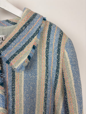 Chanel 00/C Blue and Green Striped Tweed Jacket with Transparent Blue CC Logo Button Details Size FR 46 (UK 18)