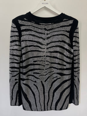 Balmain Black Crystal Embellished Zebra Pullover Long Sleeve Top With Shoulder Pads Size FR 36 (UK 8)